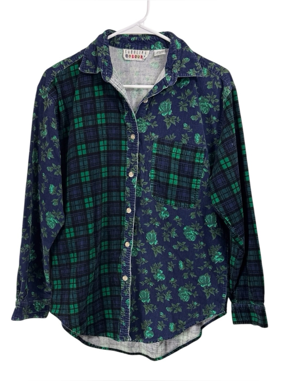 Vintage 80s 90s Size Small Plaid Floral Mixed Print Corduroy Shirt Shacket